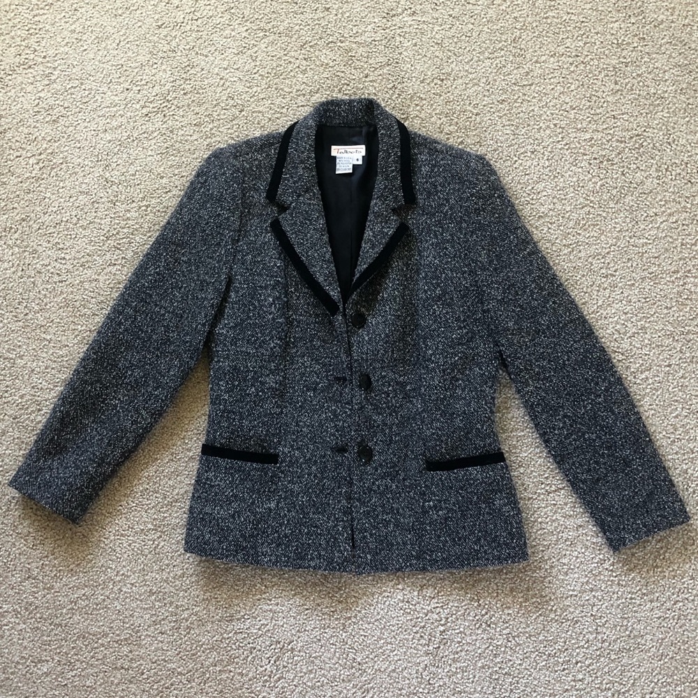 Talbots Grey Wool Blend 3-Button Blazer Black Trim Size 6 Lined Career Jacket